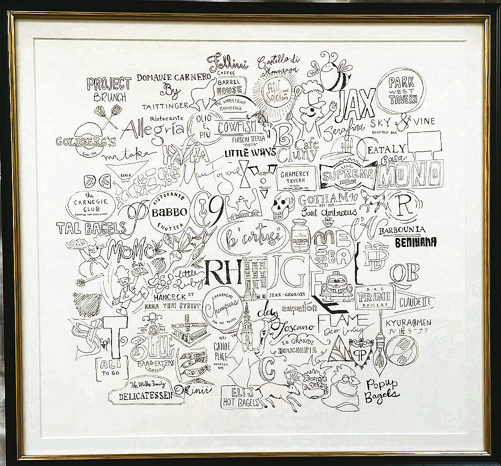 First Anniversary Gift — hand-drawn illustration of restaurant logos from year one of dating