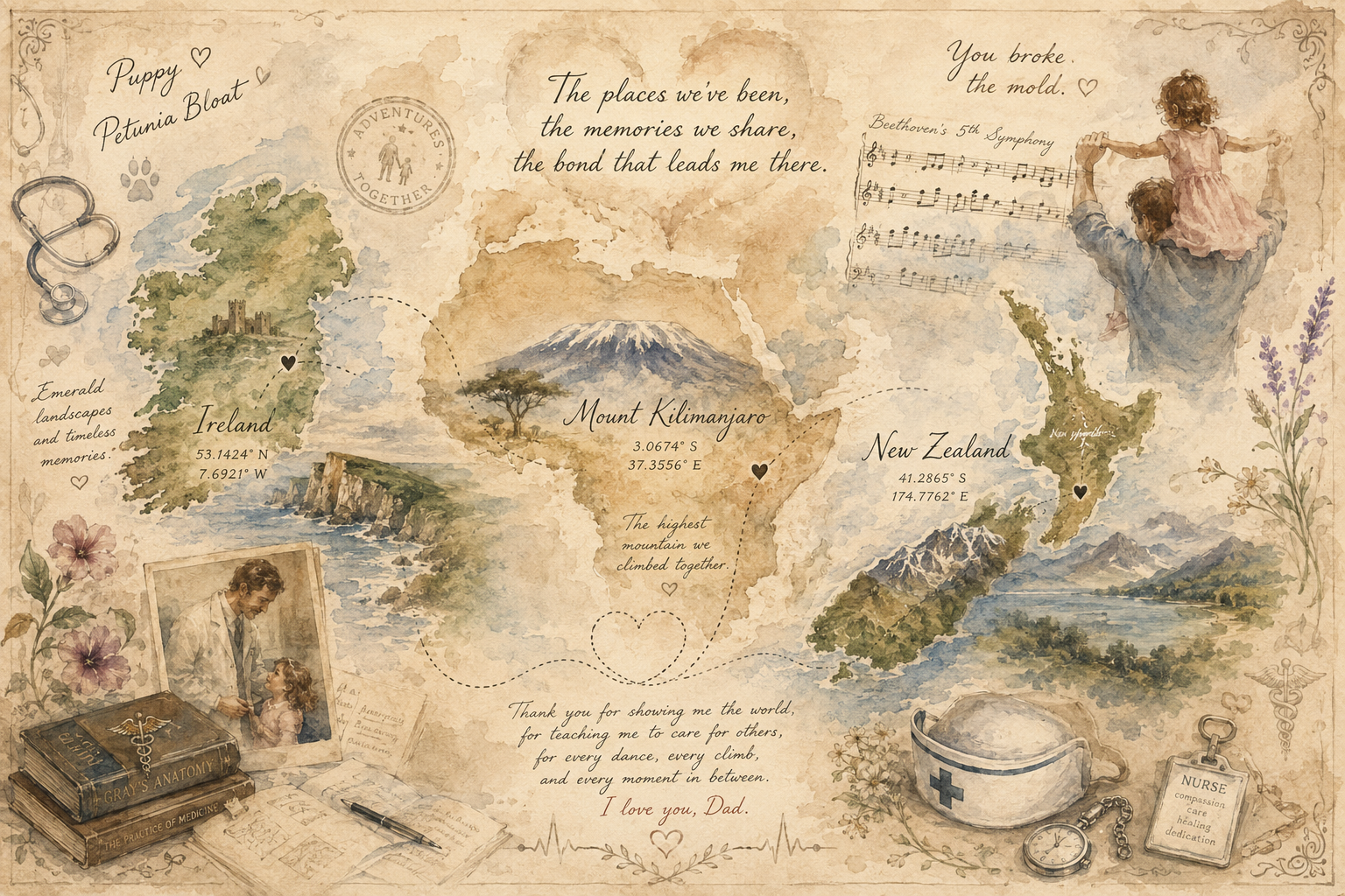 Father of the Bride Gift — watercolour illustration of shared travels and poignant memories